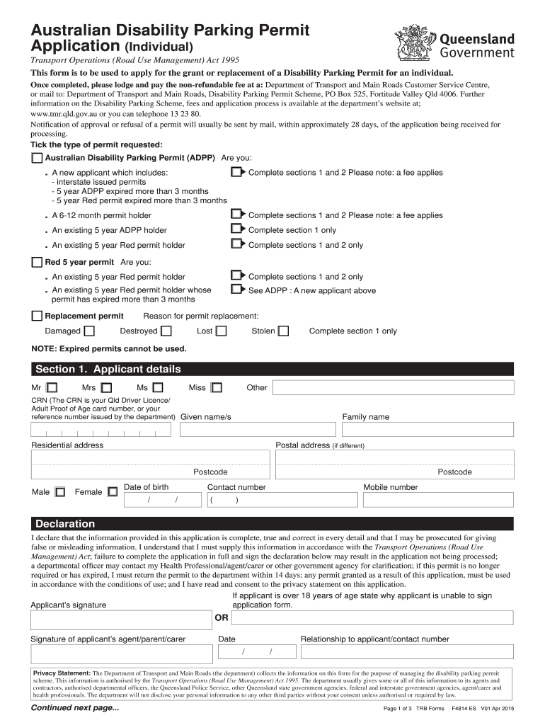  Australian Disability Parking Permit Application Department of  Support Transport Qld Gov 2015