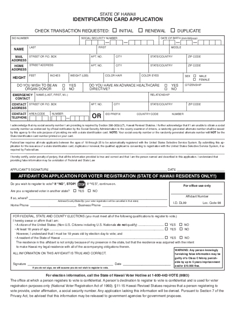State ID Application Form  Honolulu  Honolulu