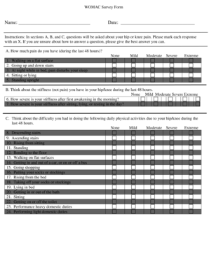 WOMAC Survey Form Hospital for Special Surgery Hss