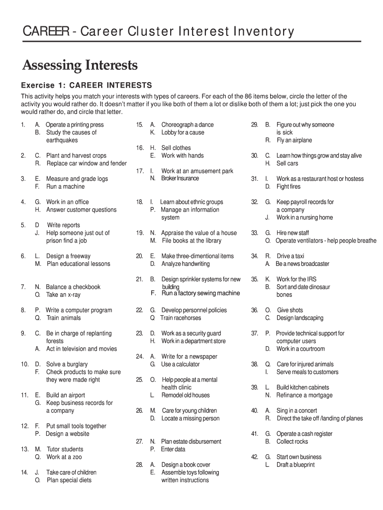 Career Cluster Interest Inventory Assessing  Form