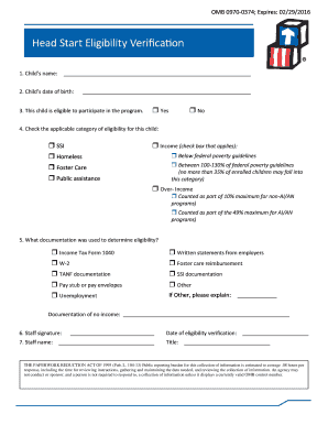 Head Start Eligibility Verification Form