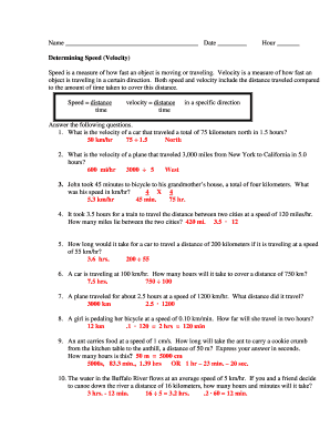 Speed Problems Worksheet with Answers PDF  Form
