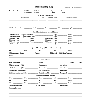 Winemaking Log Harvest Year Nashwood Winery  Form