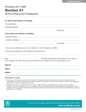 Landlord Notice Housing Act 1988 Section 21 Notice Requiring Possession to Name and Address of Tenants Tenants Name Tenants Addr  Form