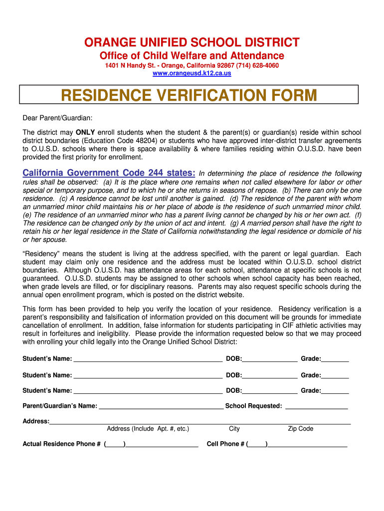 ORANGE UNIFIED SCHOOL DISTRICT Office of Child Welfare and    Orangeusd K12 Ca  Form