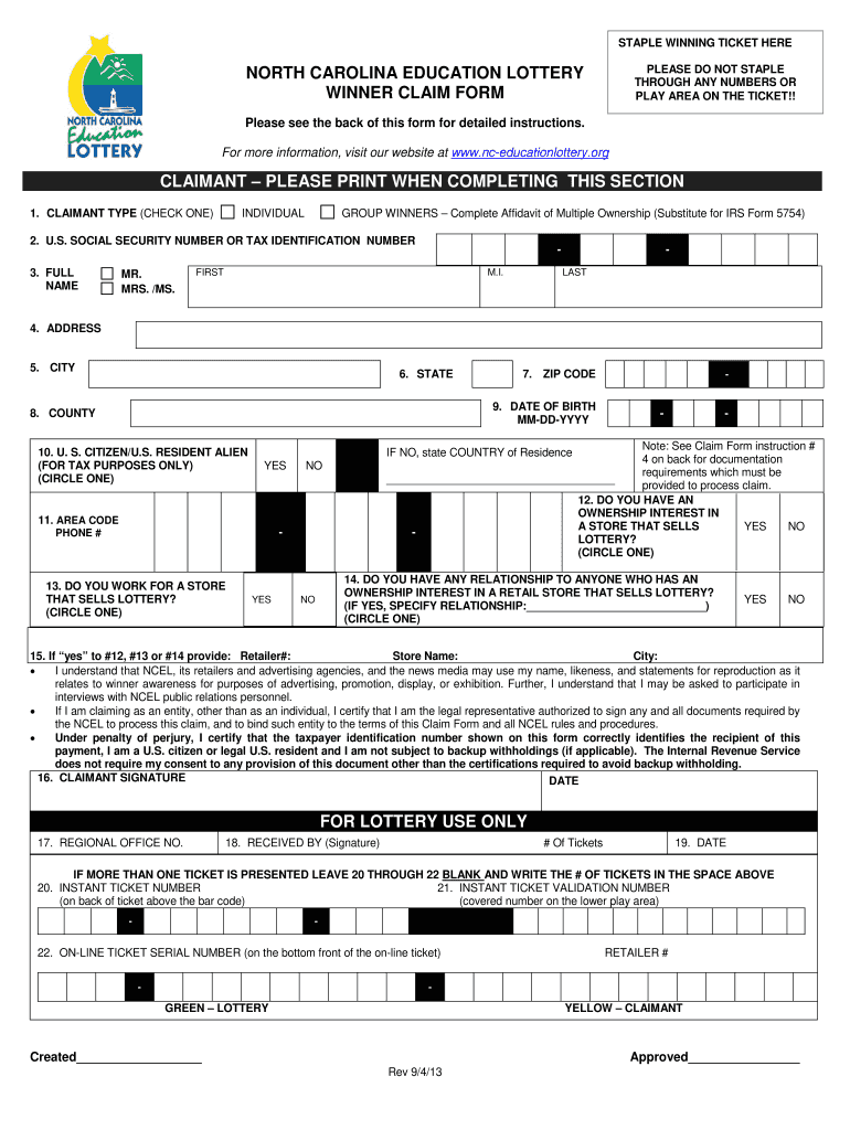  NCEL Prize Claim Form North Carolina Education Lottery 2018