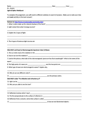 Light and Optics Webquest Answer Key  Form