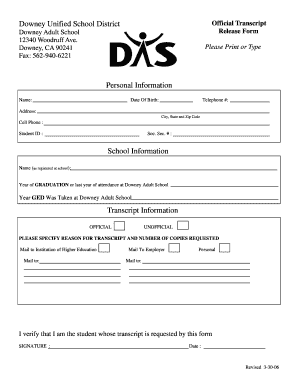 Downey Adult School Lvn  Form