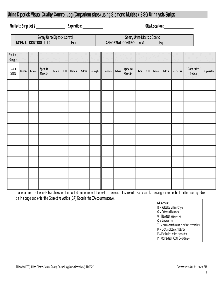 Siemens Multistix 10 Sg Quality Control Log  Form