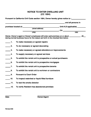 NOTICE to ENTER DWELLING UNIT Vasona Management  Form