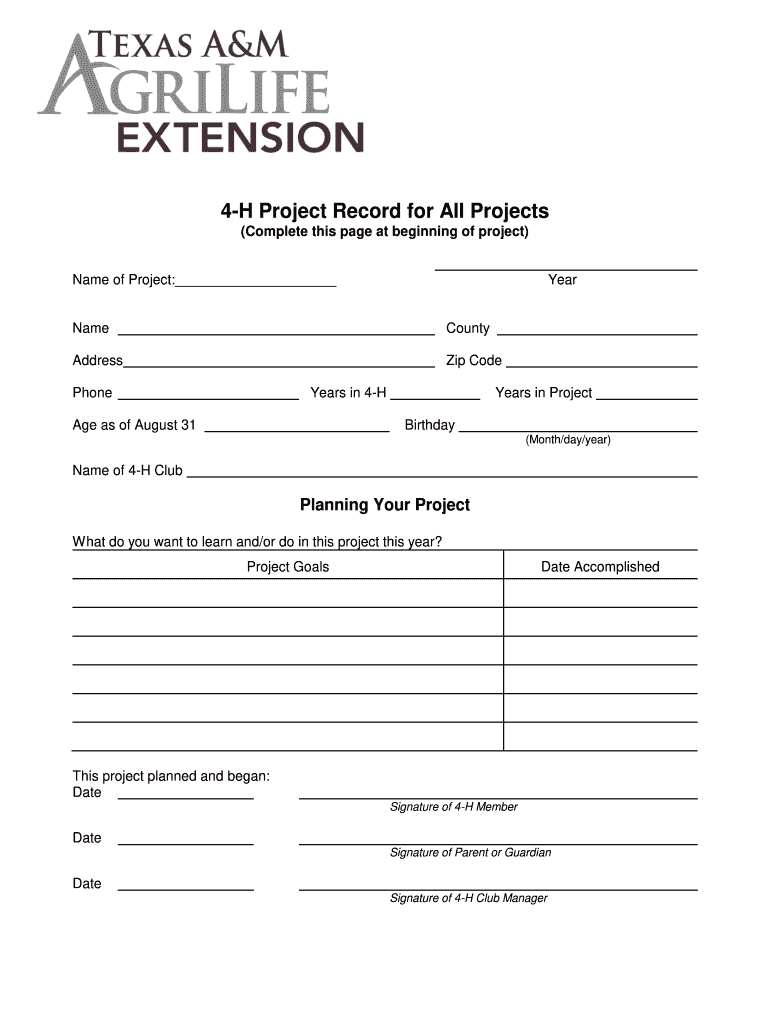 4 H Project Form Refugio County Extension Office Refugio Agrilife