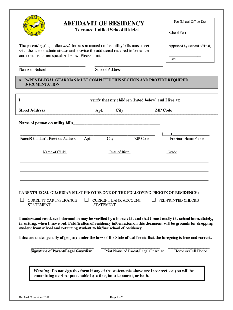 Tusd Affidavit of Residency Form