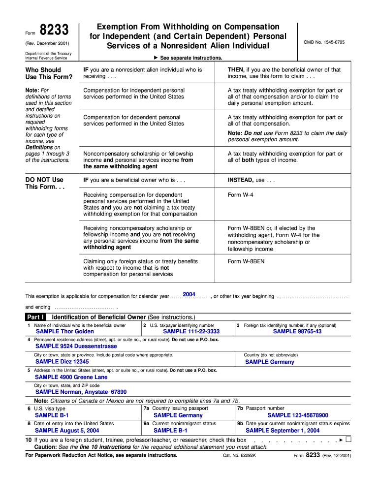  Irs 8233 Form 2001