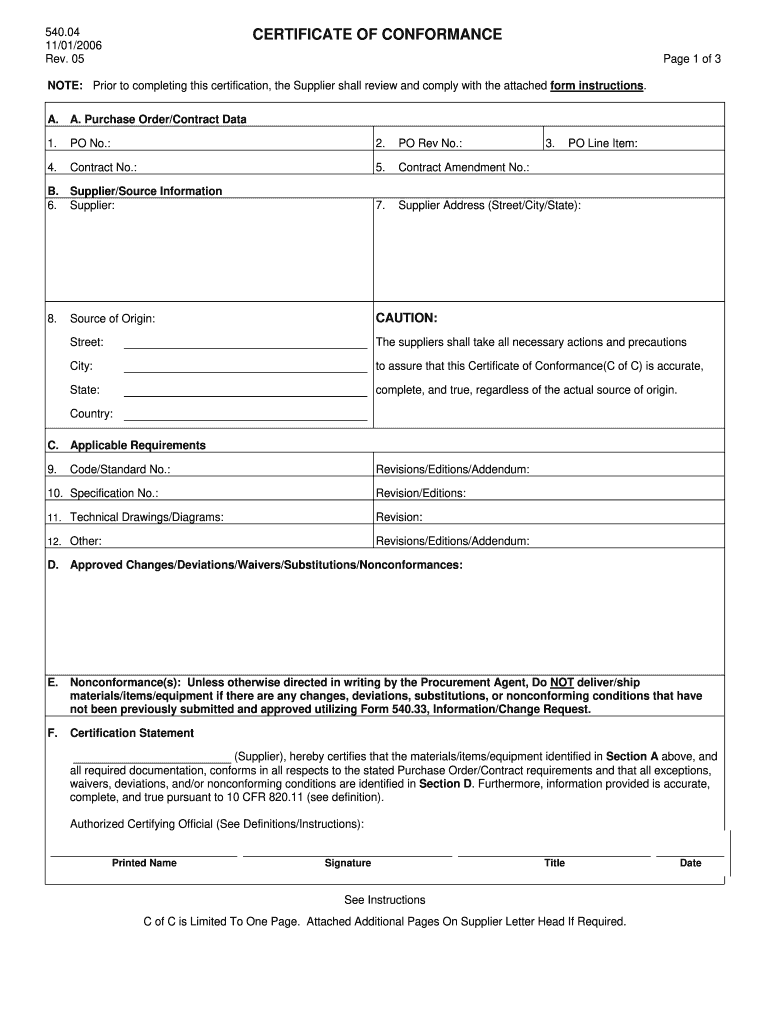  Supplier Certificate of Conformance 2006-2024