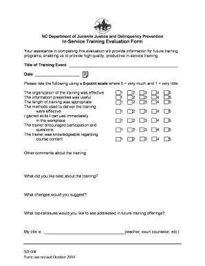 In Service Training Evaluation Form Juvenile Justice