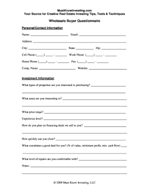 Real Estate Buyer Questionnaire Form PDF
