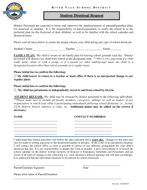 Student Dismissal Form River Vale Schools