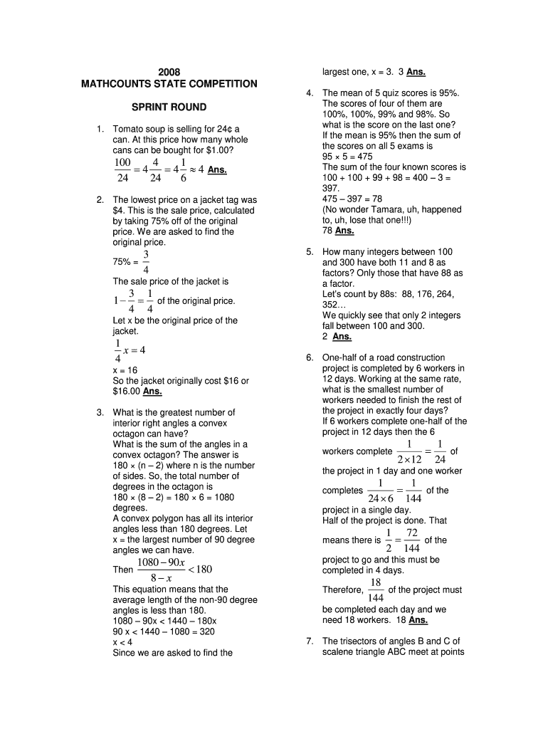 Mathcounts State Sprint Round  Form