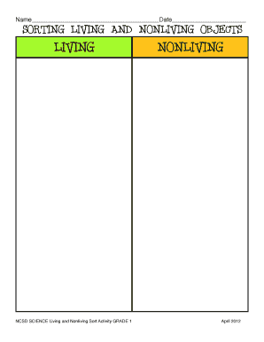 Sorting Living Nonliving Objects Grade 1 North Nclack K12 or  Form