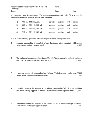 Accuracy and Precision Percent Error Worksheet Answer Key  Form