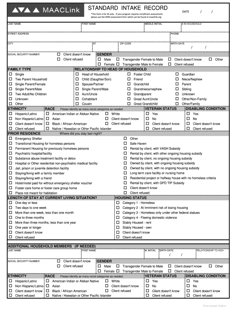  Standard Intake Form  MAAC Social Service Software and HMIS  Maaclink 2014