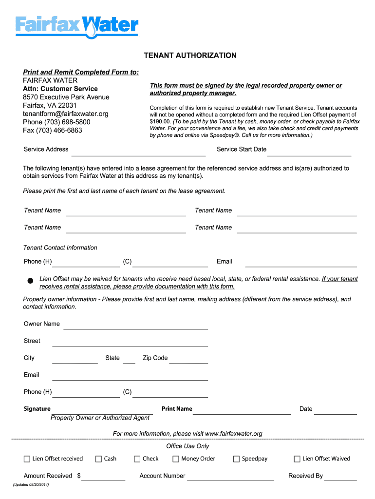  Fairfax Water Tenant Authorization Form 2014-2024