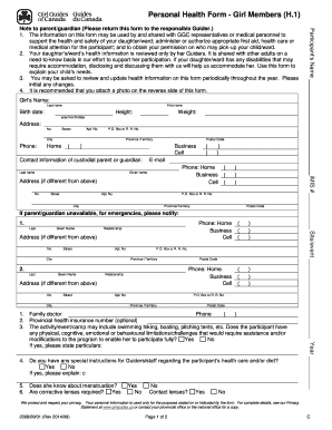 H 1 Health Form Forms Girl Guides of Canada