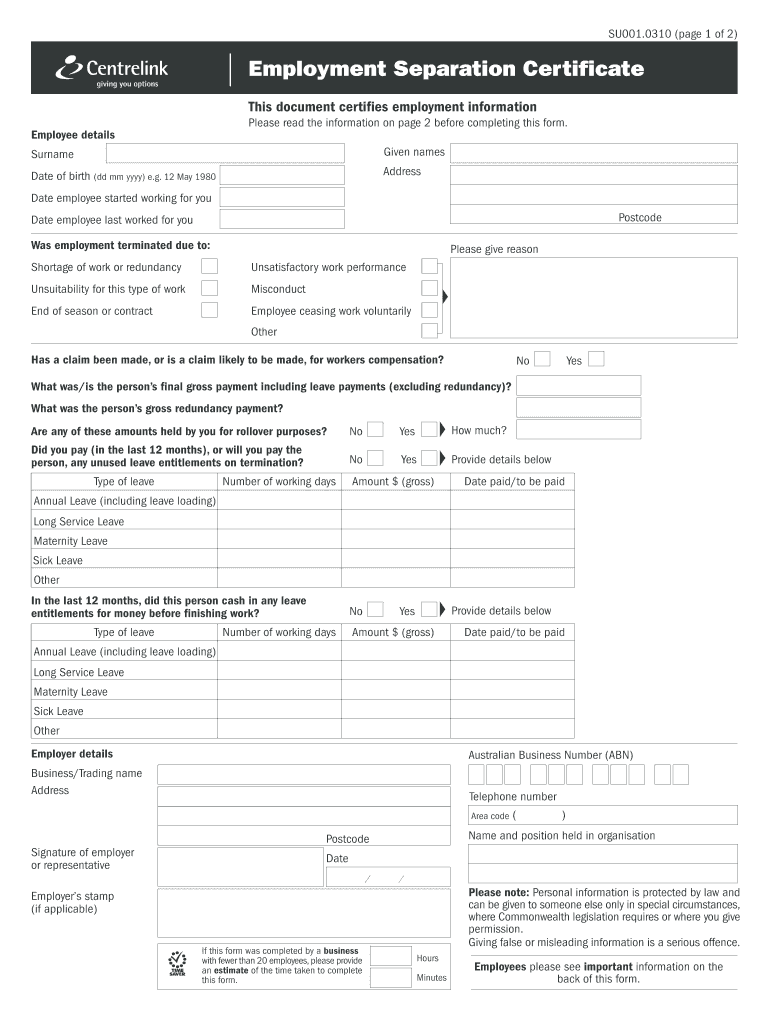 Separation Certificate  Form