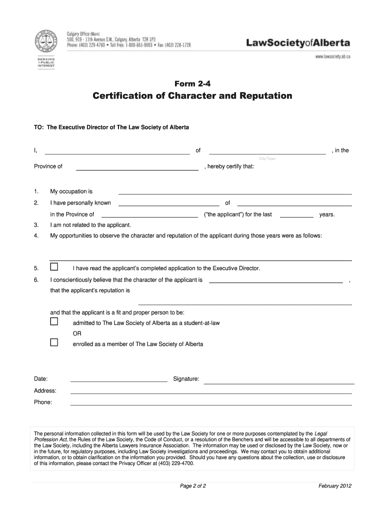  the Law Society of Alberta Form 2 4 Certification of Character and Reputation Instructions for Completion of Certificate of Char 2012-2024