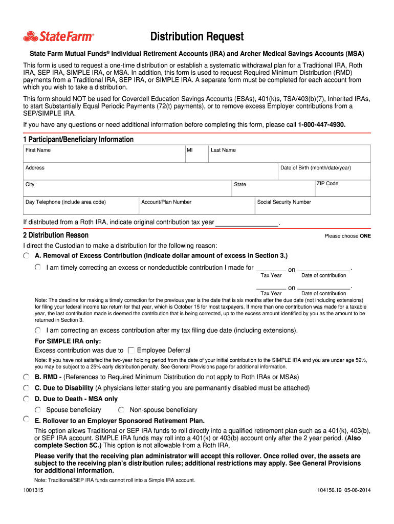  State Farm Ira Distribution Form 2014-2024
