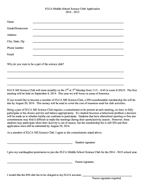 ELCA Middle School Math Club Application Elcaonline  Form