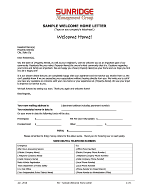 Welcome Home Letter for New Residents  Form