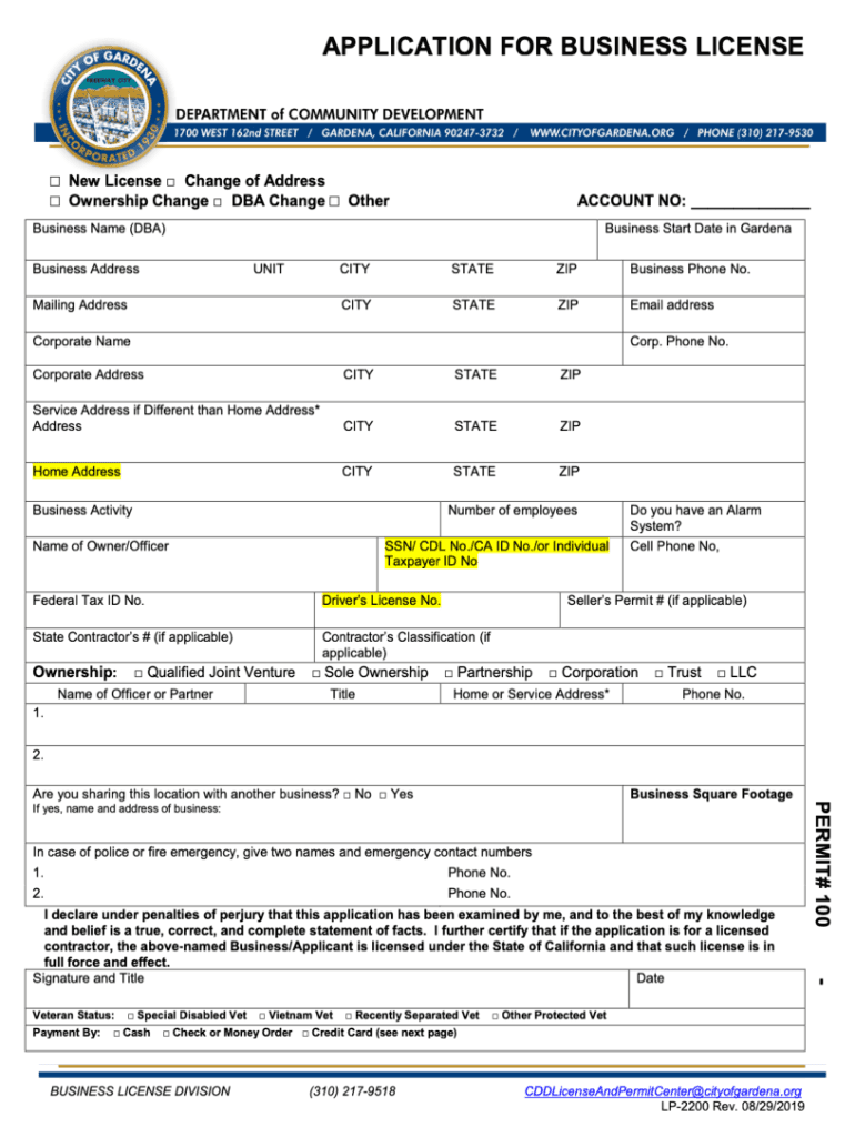 APPLICATION for BUSINESS LICENSE City of Gardena  Form