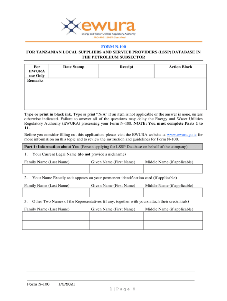 FORM N100 for TANZANIAN LOCAL SUPPLIERS and SERVIC