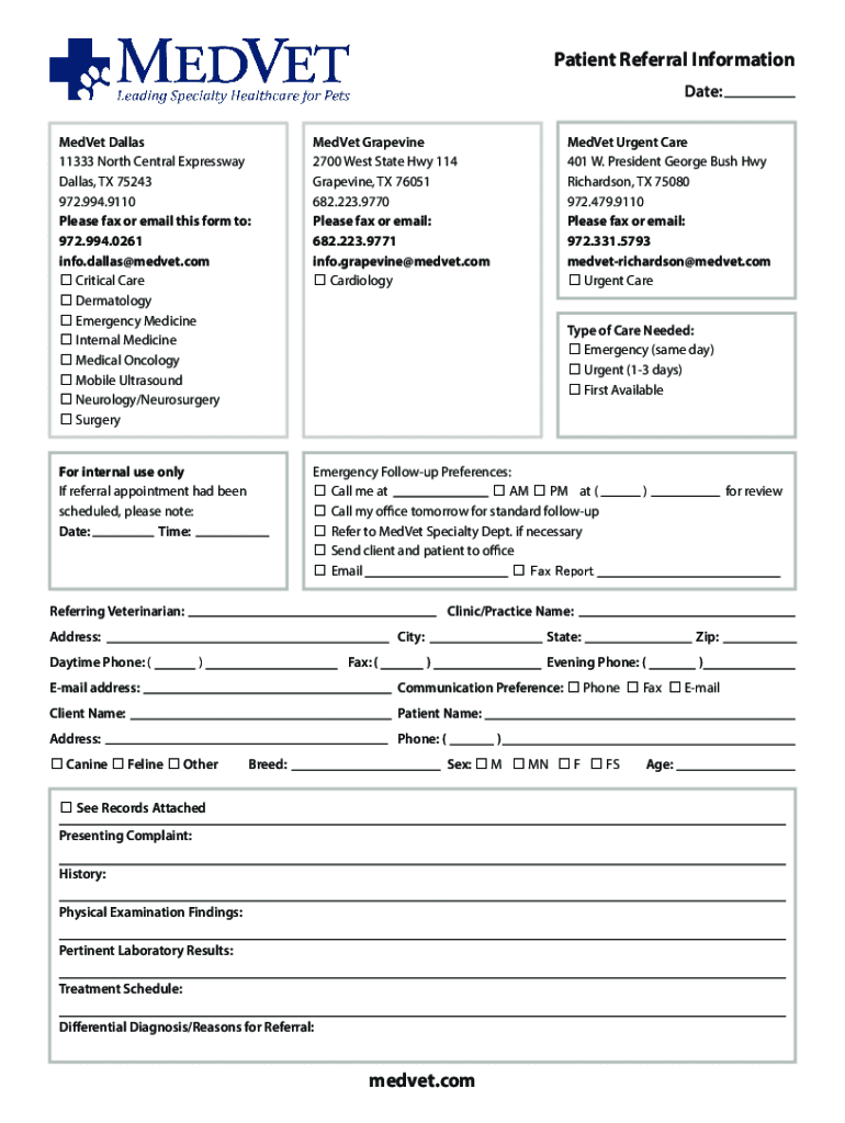 MedVet Dallas 11333 North Central Expressway Dallas, TX  Form