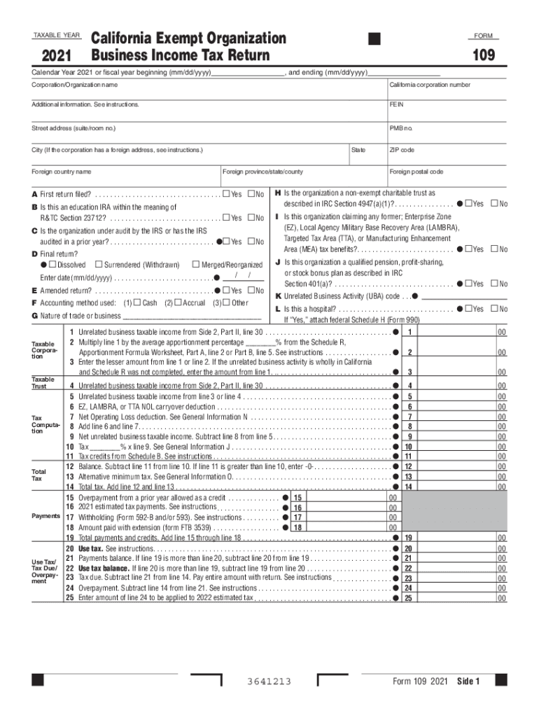  California Exempt Organization Business Income Tax Return Form 109 California Exempt Organization Business Income Tax Return for 2021-2024