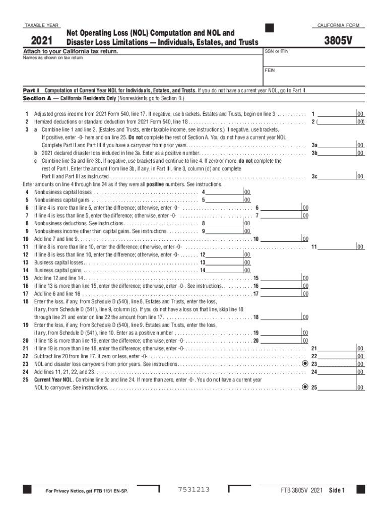  Net Operating Loss NOL Computation and NOL AndDisaster Loss Limitations Individuals, Estates, and Trusts Form 3805V Net Operatin 2021-2024