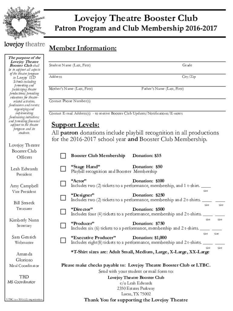 Lovejoy Theatre Booster Club Membership Form Fill and