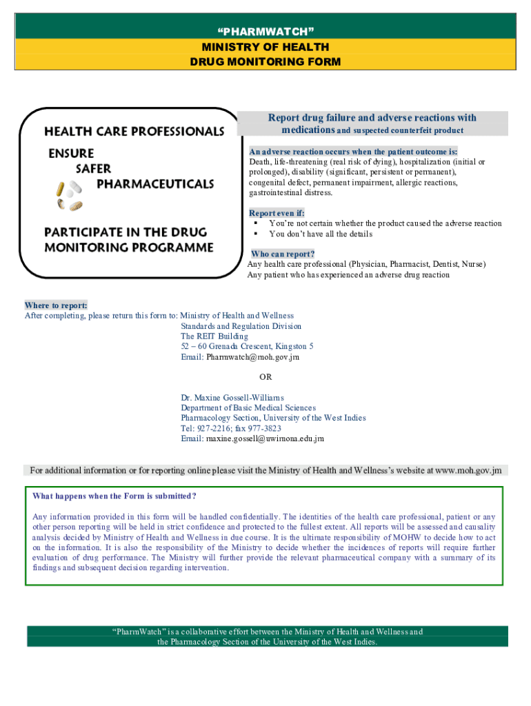  Www Moh Gov Jmwp ContentuploadsPHARMWATCH MINISTRY of HEALTH DRUG MONITORING FORM 2021-2024