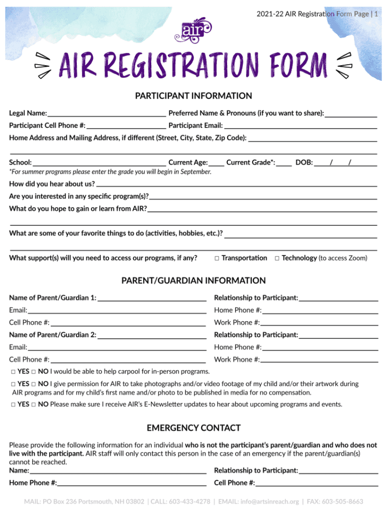 NH AIR Registration Form