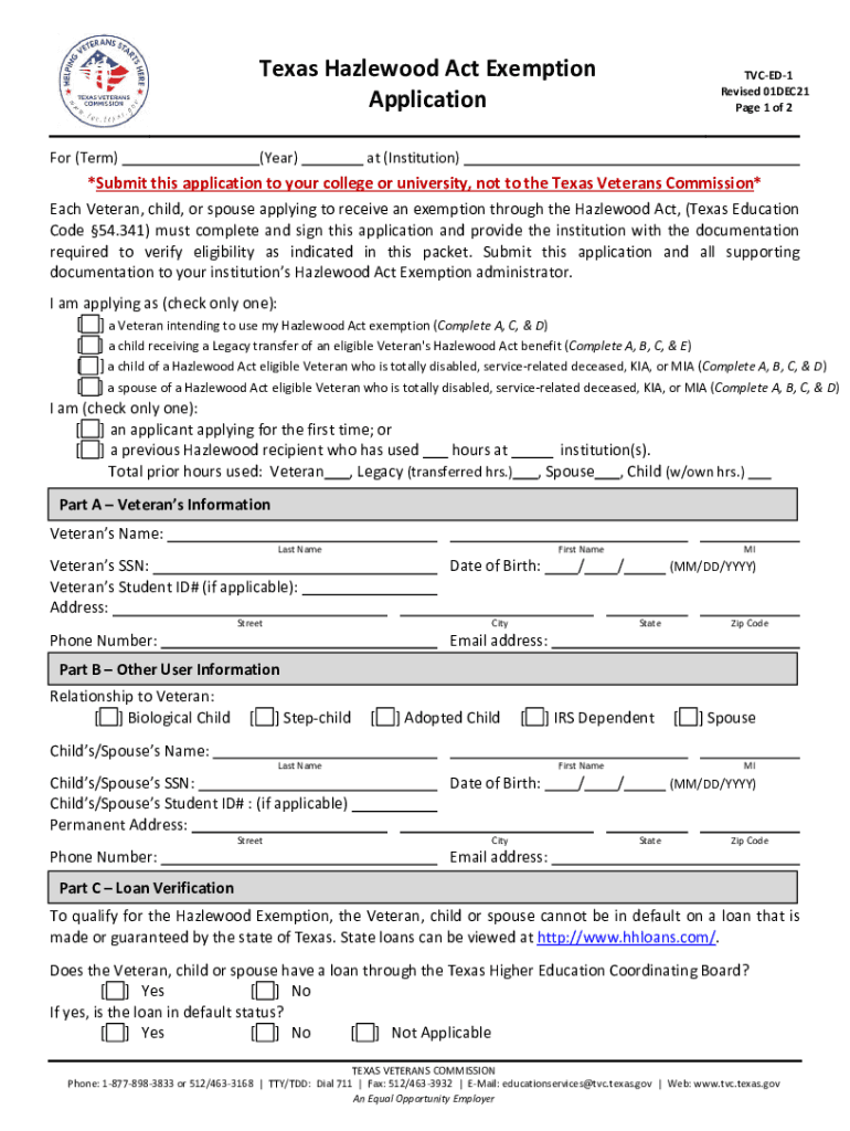 Texas Hazlewood Act Exemption Application TVC ED 1a  Form