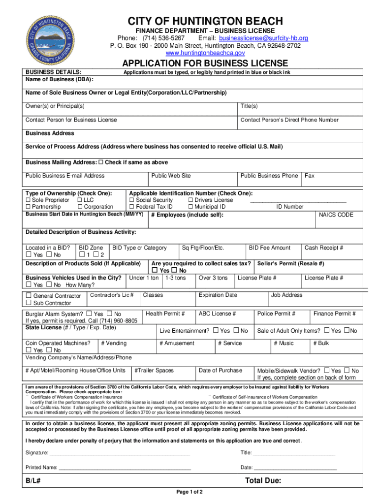 Huntington Beach Business License Renewal  Form