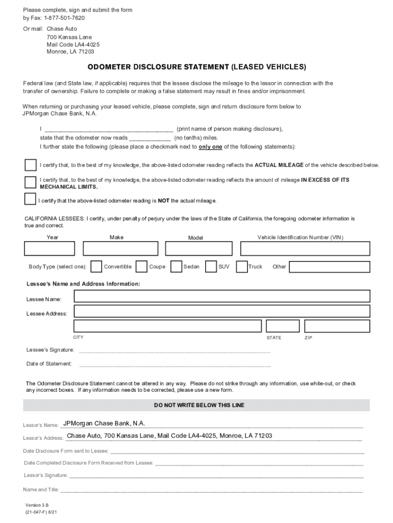 PDF OdometerMileage Disclosure Statement Chase Bank  Form