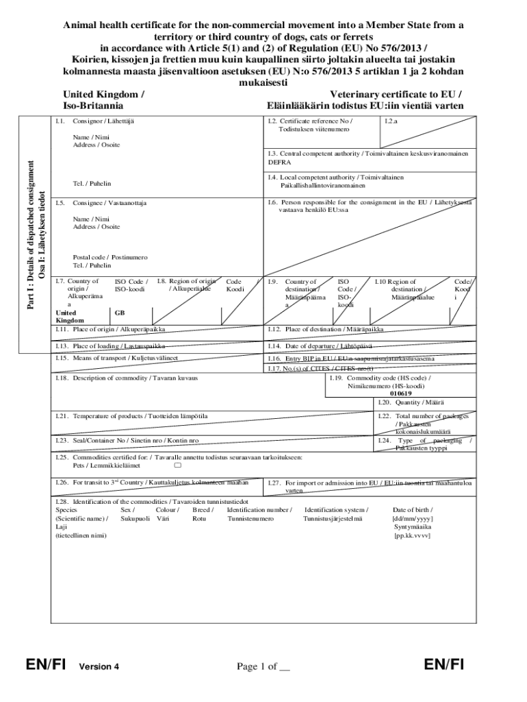 United Kingdom Health Certificate  Form