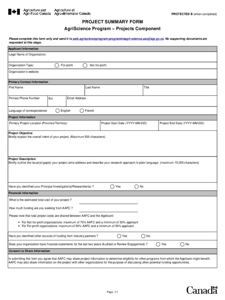 AAFC AAC9436 E PROJECT SUMMARY FORM