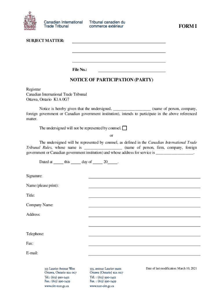 Www Templateroller Comtemplate1866140Form I &amp;quot;Notice of Participation Party TemplateRoller