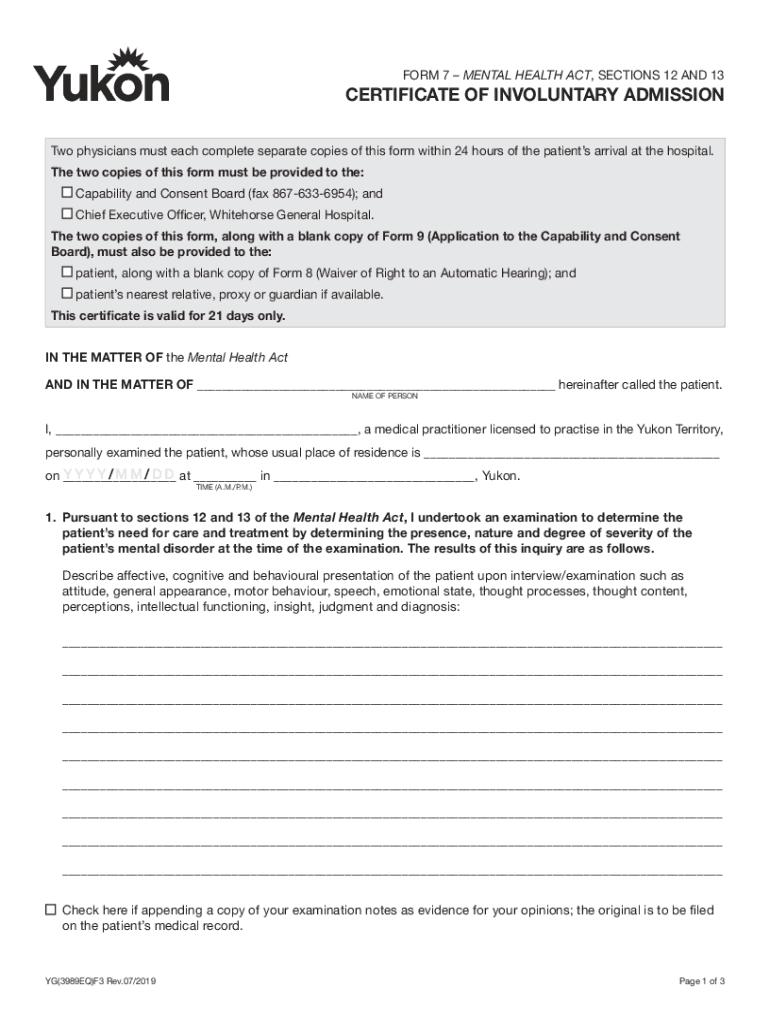 FORM 7, SECTIONS 12 and 13 CERTIFICATE of INVOLUNTARY