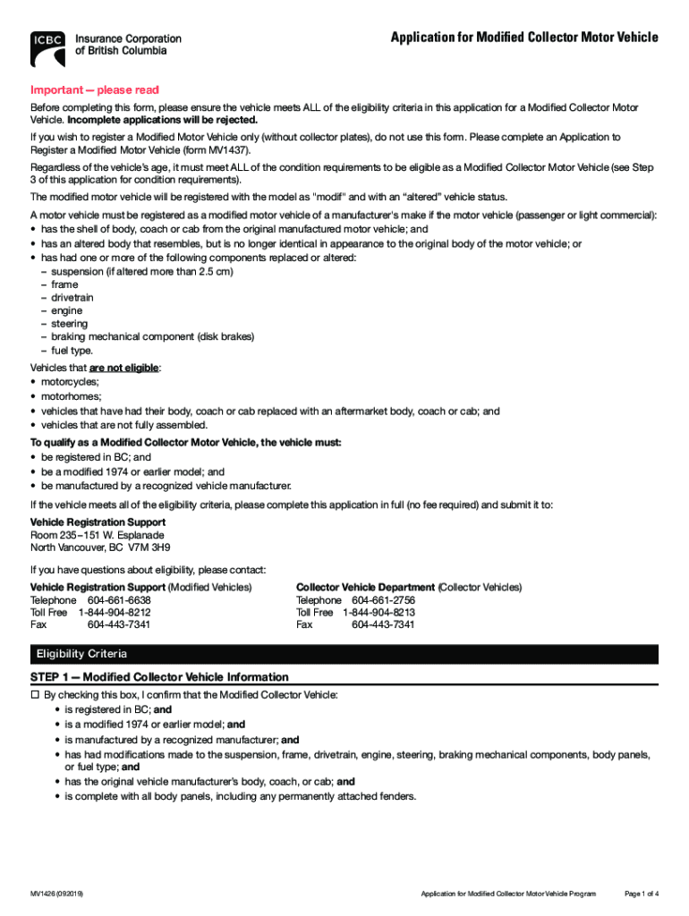 M Icbc Comvehicle Registrationcollector ModsMV1426 Application for Modified Collector Motor Vehicle ICBC  Form