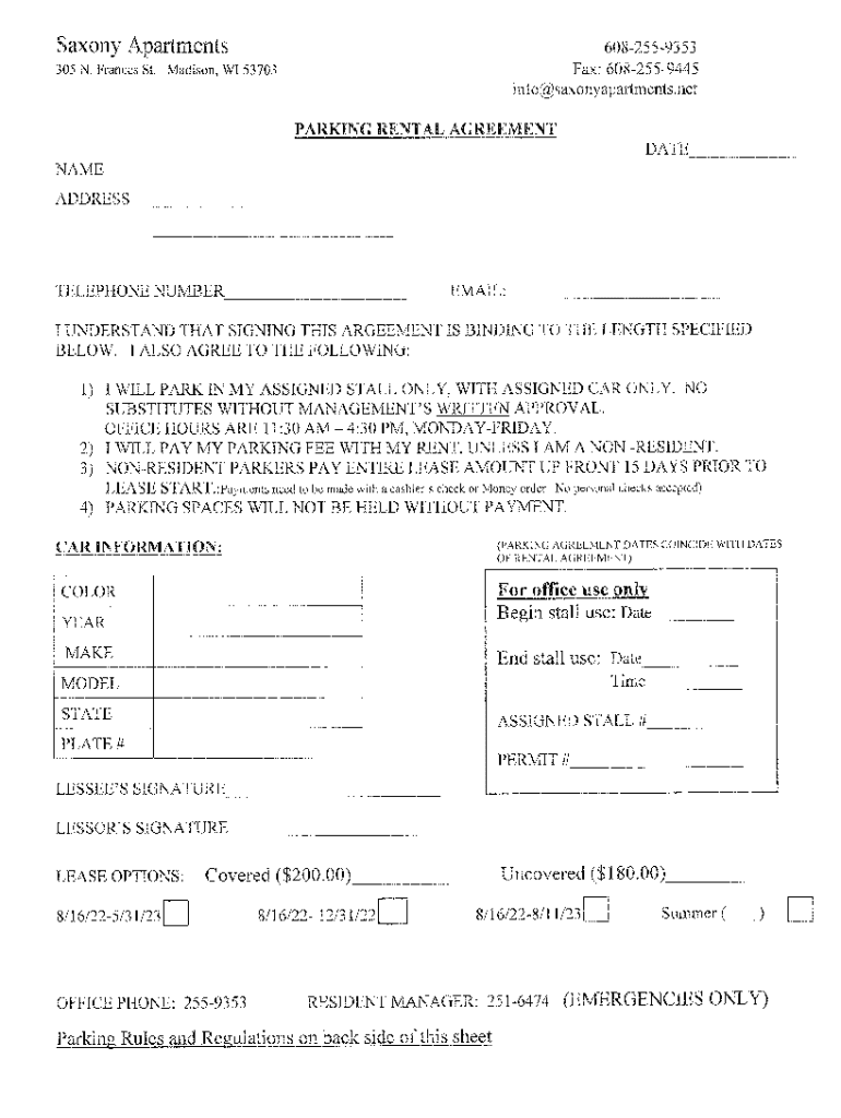 WI Saxony Apartments Parking Rental Agreement  Form