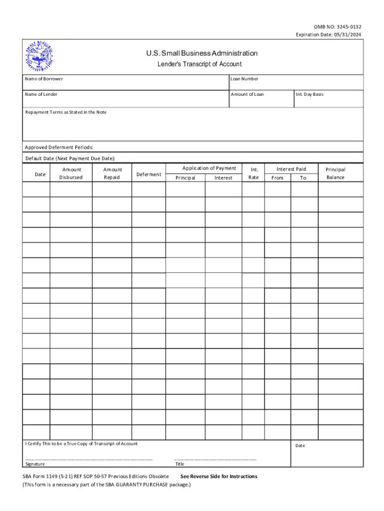  SBA Form 1149 Lender&#039;s Transcript of Account Interest Payable to Lender 2018